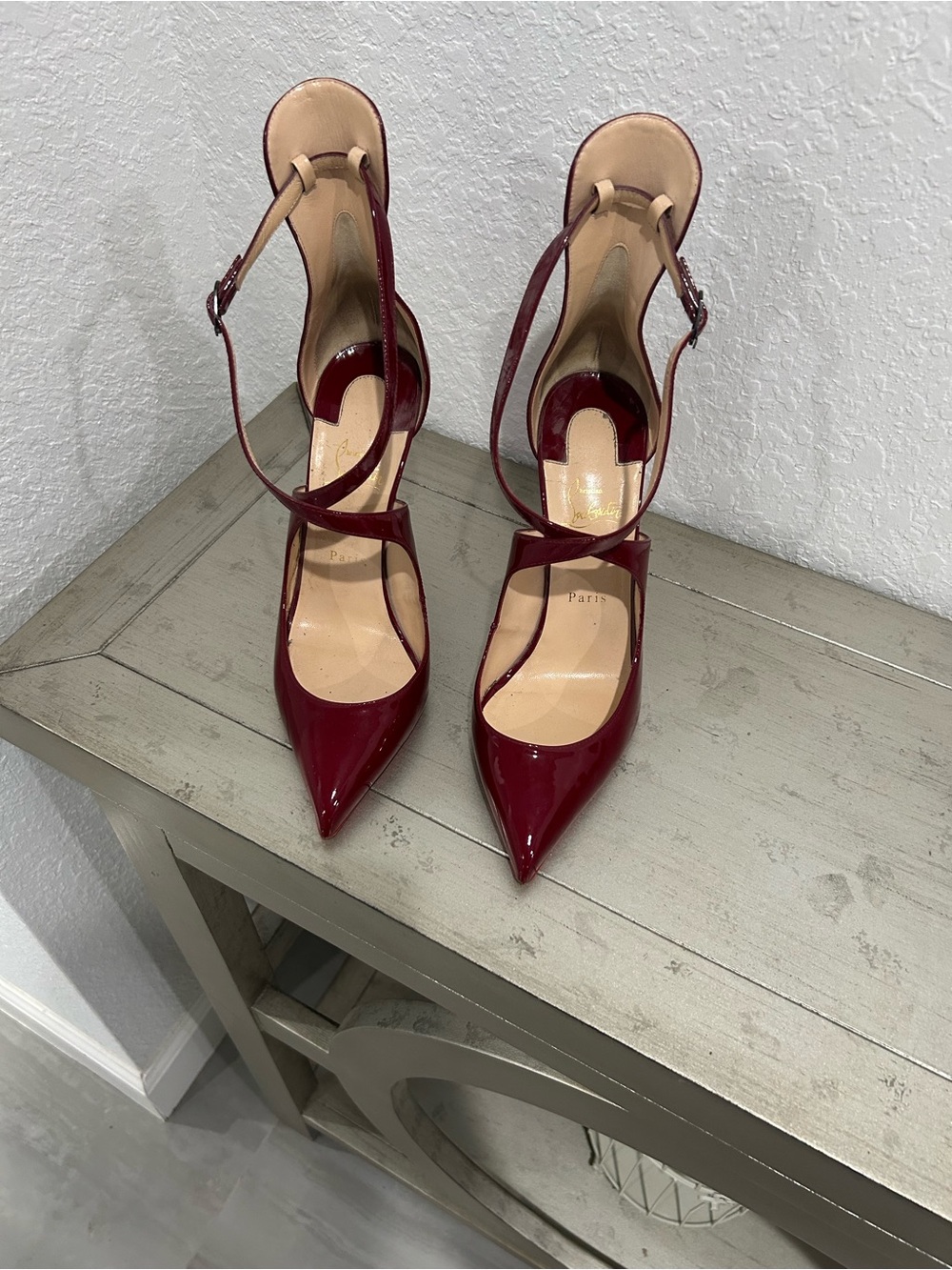 Christian Louboutin Marlenarock Burgundy Patent Pointed-Toe Ankle-Strap Pump 42